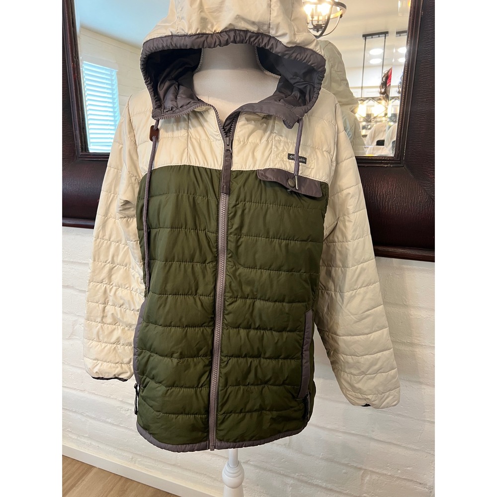 Columbia Womens Hooded Puffer Jacket Olive Green Cream Colorblock Size L